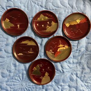 Set of 6 Decorative Red and Gold Mini Condiment Lacquer Plates